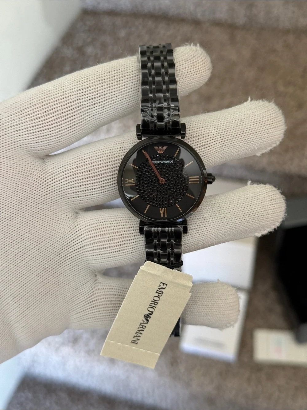 Emporio Armani Women's Black and Rose Gold Stainless Steel Bracelet Watch